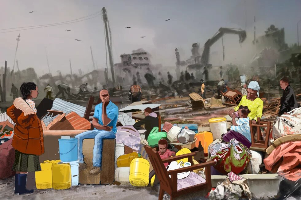 People sitting on the ruins of their houses. More demolitions in the background